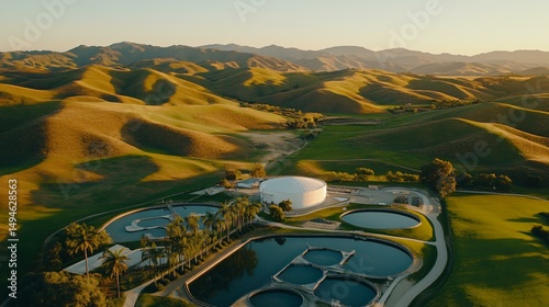 Aerial image of a utility-scale biogas plant with covered lagoons, gas collectors, and an enclosed gas upgrading unit set against rolling hills
