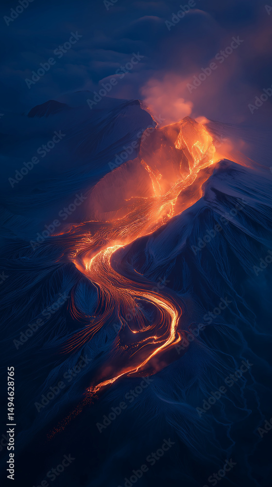 Fototapeta premium Aerial view of erupting volcano with glowing lava flow patterns in twilight