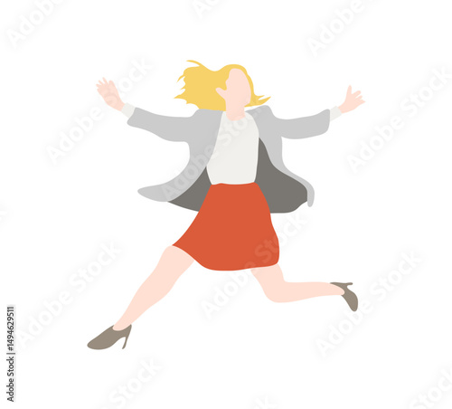 Blonde businesswoman jumping with arms open – orange skirt