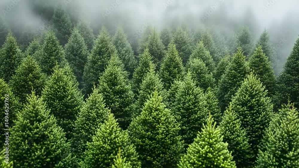 Lush evergreen forest shrouded in mist, showcasing vibrant trees and serene atmosphere Lush evergreen forest shrouded in mist, showcasing vibrant trees and serene atmosphere