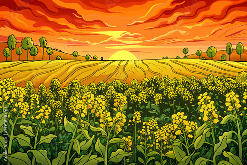 Oilseed rape field at sunset time with beautiful sky
