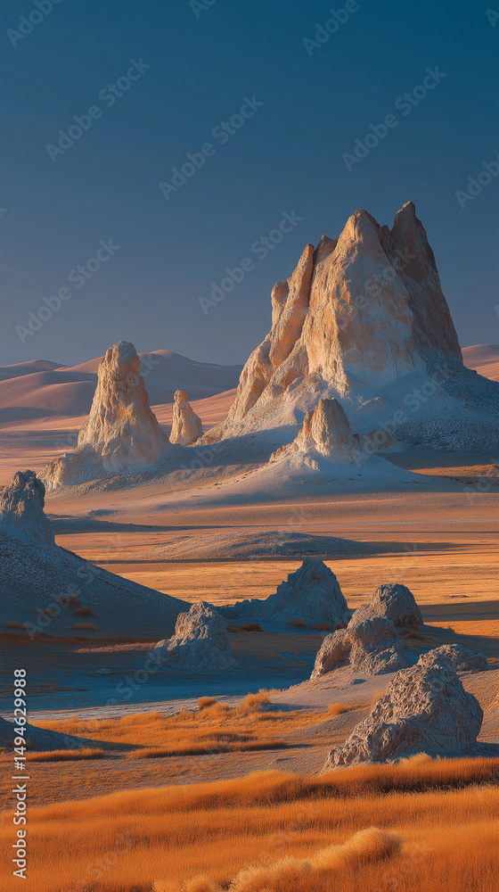 Naklejka premium Mysterious desert plateau with unique rock formations at golden hour