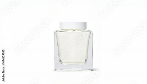 Square glass bottle with a transparent, glossy appearance on a white background