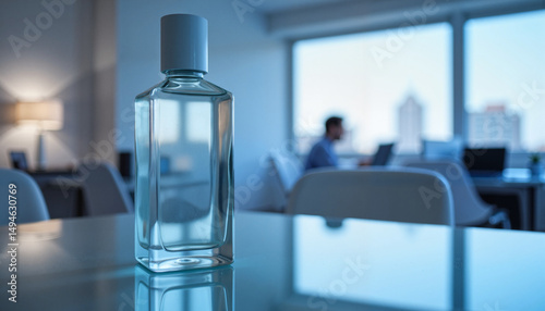 Empty square glass bottle reflecting light on a reflective glass surface in an office environment, copy space