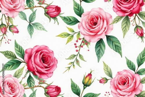 Delicate watercolor roses & leaves, repeating seamlessly , seamless, green, art