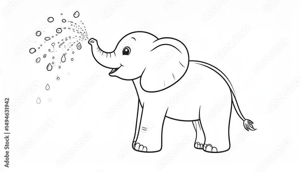Fototapeta premium Cute outlined elephant calf playfully spraying water.