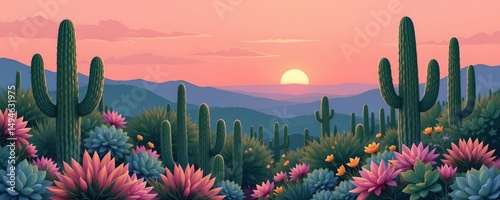 Lush cactus landscape at sunset desert oasis digital artwork vibrant flora wide perspective ecological harmony