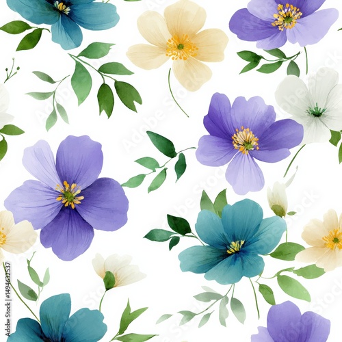 Wallpaper Mural Seamless watercolor floral print with indigo and violet anemones, pale yellow accents and soft green foliage, hand-drawn composition on clean white background, Watercolor, Seamless Pattern. Torontodigital.ca