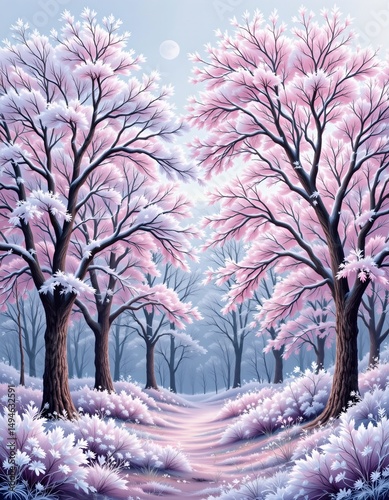 Lush frost-covered trees in a serene winter forest tranquil nature scene snowy environment soft light peaceful concept