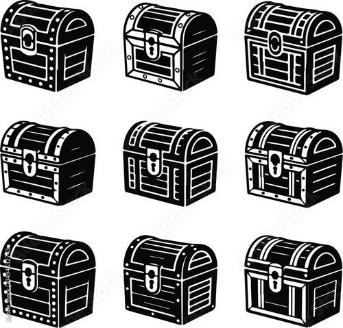 Wooden Chest Silhouette Set – Vintage Treasure Box Icons Collection Chest Box Vector Set – Wooden Silhouette Icons for Pirates & Storage