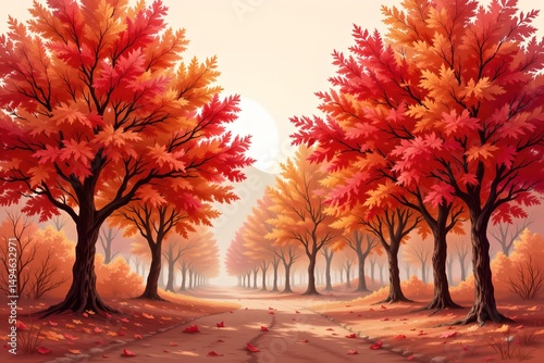 Autumn colors in lush maple trees serene pathway nature photography peaceful landscape eye-level view tranquility and beauty