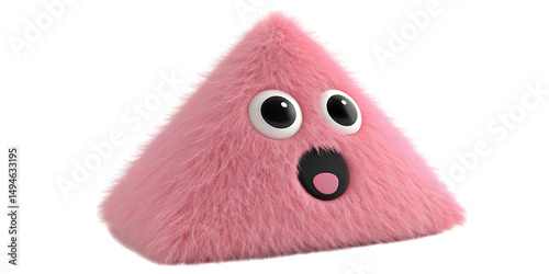 Surprised Pink Fluffy Triangle Creature with Big Eyes on Black Background, Cute Cartoon Character Illustration, 3D Rendering