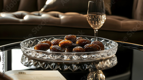 Traditional dates served on an ornate glass tray under warm light, perfect for Ramadan celebrations