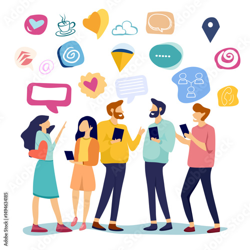Advertising media concept, online communication of people with talking symbols, people playing with mobile phones, speakers, Wifi symbols and online media in social media. flat cartoon image.