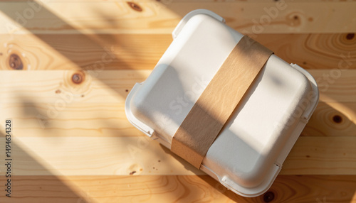 Closed takeout container with a paper label wrapped around placed on a wooden table surface, top-down view