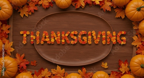 Thanksgiving wallpaper from maple leaf in wooden plate, generated by Ai