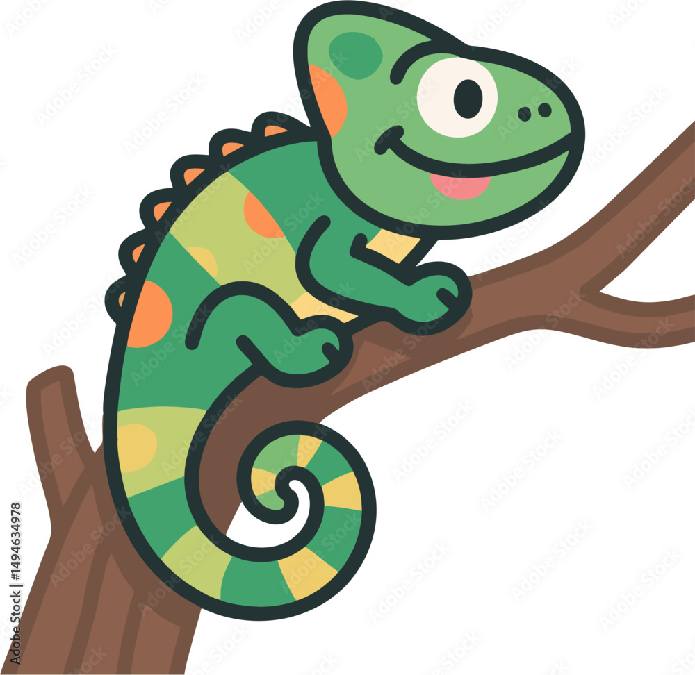 Fototapeta premium Flat Vector Cute Chameleon Smiling on Tree Branch – Simple Cartoon Reptile Character Illustration