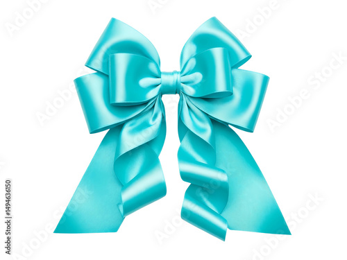 Elegant Light Blue Satin Bow with Multiple Loops and Flowing Tails Isolated on Clean Background