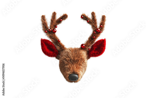 A brown deer face with antlers decorated with red Christmas baubles, isolated on a transparent background