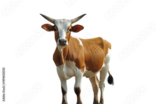 Obraz na płótnie Brown and white spotted cow with large upward-pointing horns facing forward, isolated on a transparent background w salonie