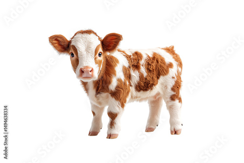 Obraz na płótnie Brown and white spotted calf standing in profile with large eyes, isolated on a transparent background w salonie