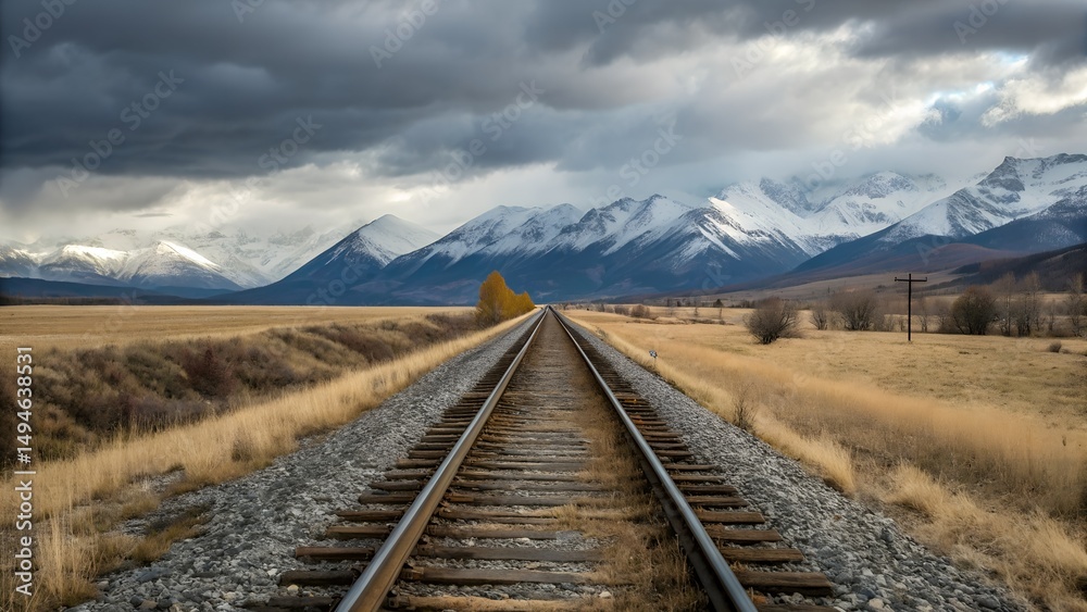 Fototapeta premium Railway Track Through Meadow with Snowy Mountains Background