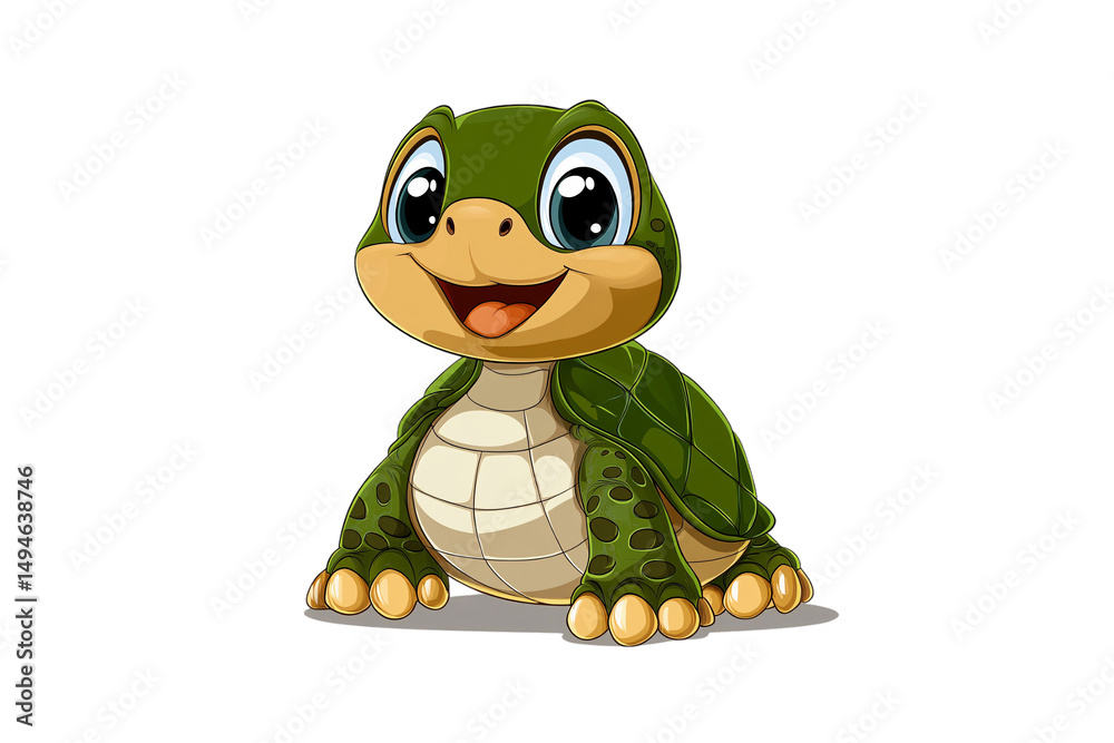 Cartoon turtle with large expressive eyes, green shell and cheerful smile, isolated on a transparent background
