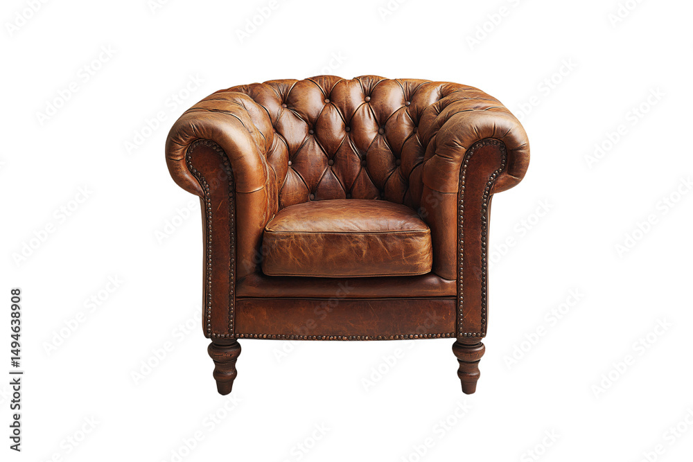 Chesterfield-style leather club chair with button tufting and curved arms, isolated on a transparent background