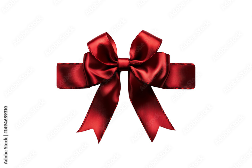 Classic crimson satin gift bow with horizontal ribbon and crisp edges, isolated on a transparent background