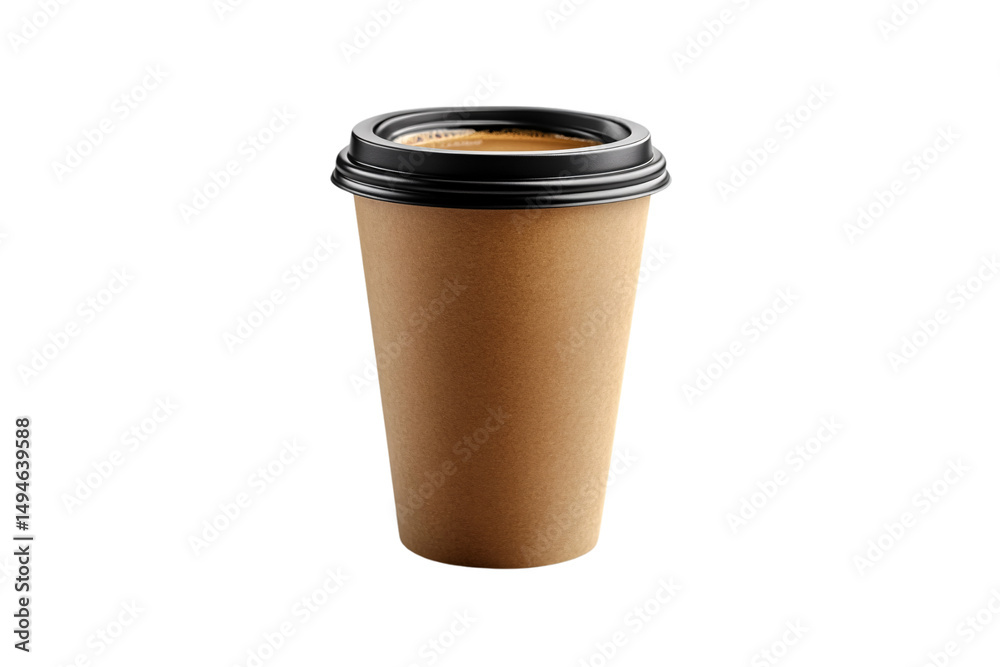 Coffee cup showing golden brown liquid with black lid and visible rim, isolated on a transparent background