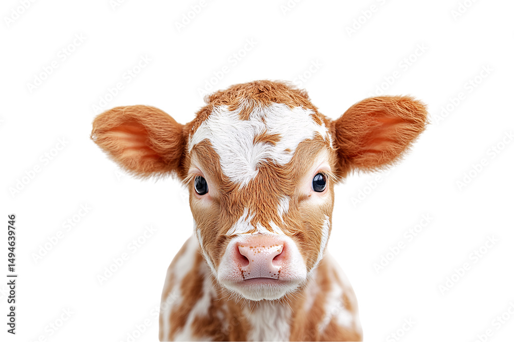 Close-up portrait of a red and white calf with wide eyes, isolated on a transparent background