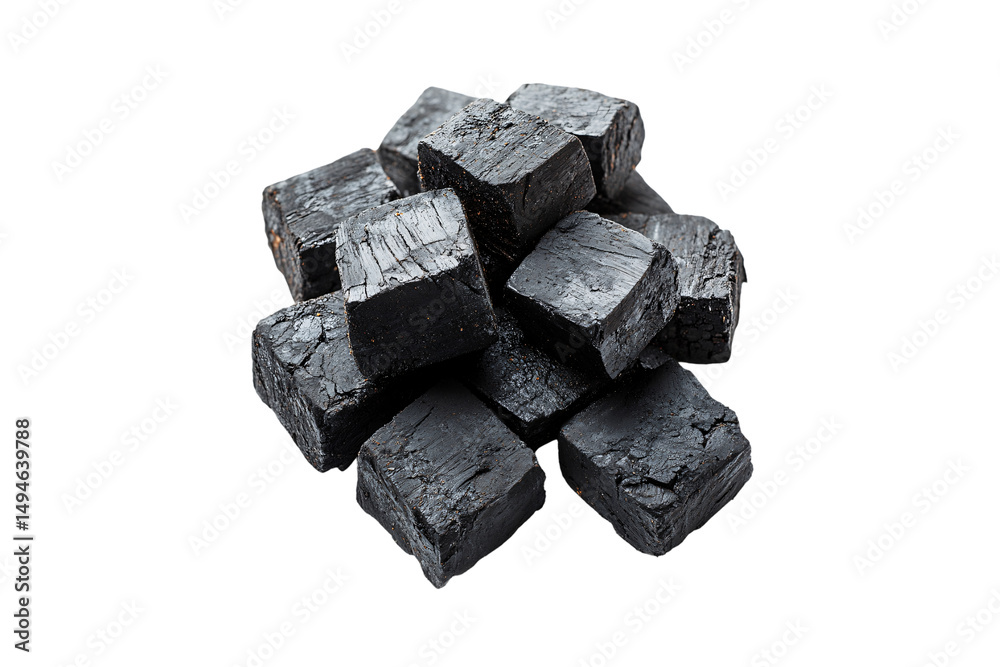 Collection of polished black charcoal cubes arranged in a loose pyramid formation, isolated on a transparent background