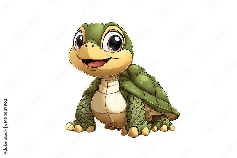Cute animated green turtle sitting upright with bright eyes and friendly smile, looking content, isolated on a transparent background