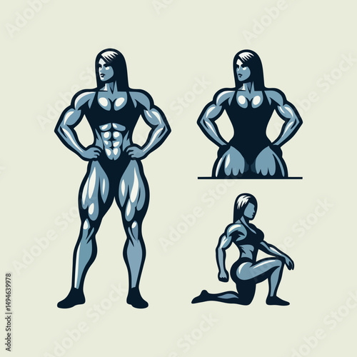 Flat cartoon vector of female bodybuilder posing in gym strong muscle woman lifting weights competition winner ripped fitness athlete abs health inspiration determination empowerment tanned