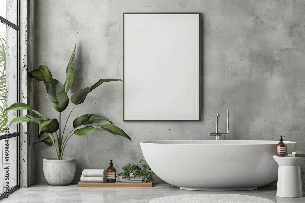 Fototapeta premium Modern Bathroom Design with Elegant Bathtub and Greenery
