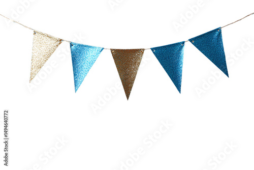 Festive bunting with alternating gold, blue, and brown glittering triangular flags, isolated on a transparent background