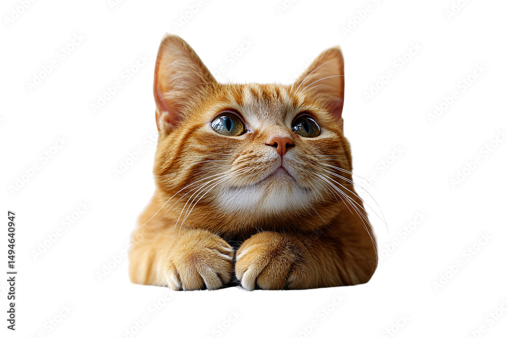 Ginger cat with large eyes looking upward, front paws visible beneath chin, isolated on a transparent background