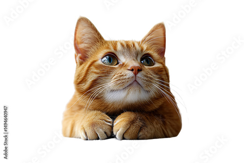 Obraz na płótnie Ginger cat with large eyes looking upward, front paws visible beneath chin, isolated on a transparent background w salonie