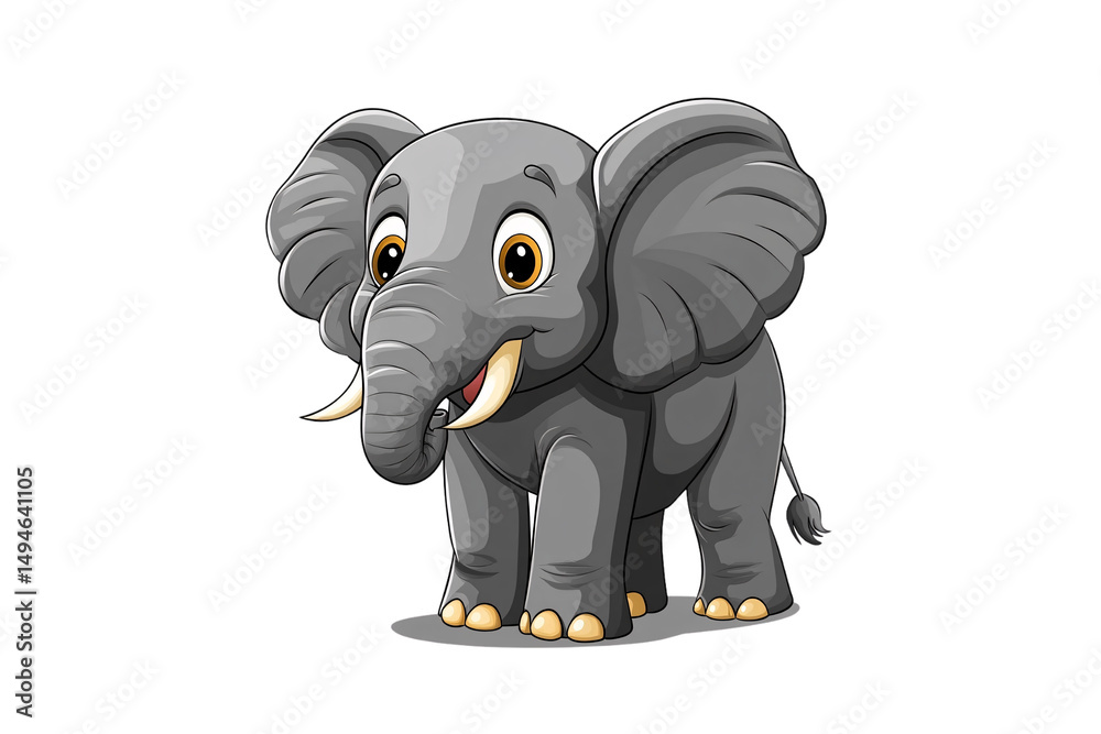 Gray cartoon elephant with large ears, yellow-orange eyes, and small tusks looking sideways, isolated on a transparent background