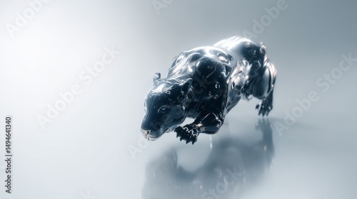 A dynamic, sleek metallic panther in motion against a minimalist background. photo