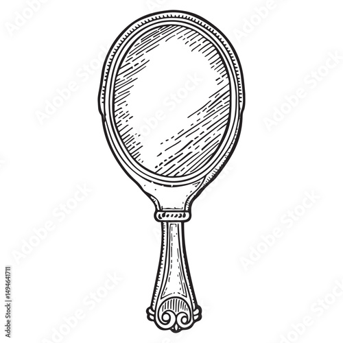 Vintage hand mirror vector sticker, black and white vector illustration