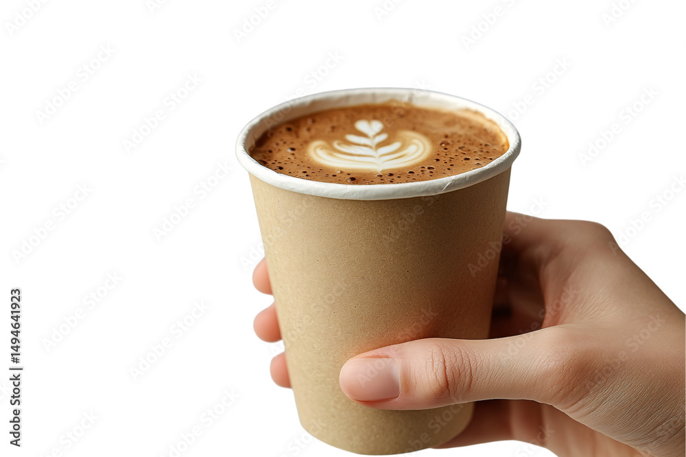 Paper coffee cup with decorative latte art in foam, held by hand, beige material, isolated on a transparent background