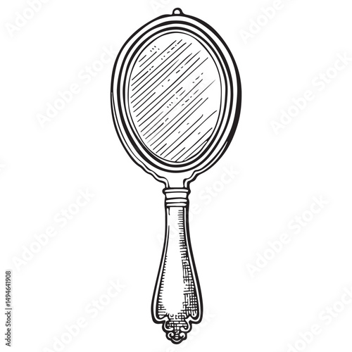 Vintage hand mirror vector sticker, black and white vector illustration