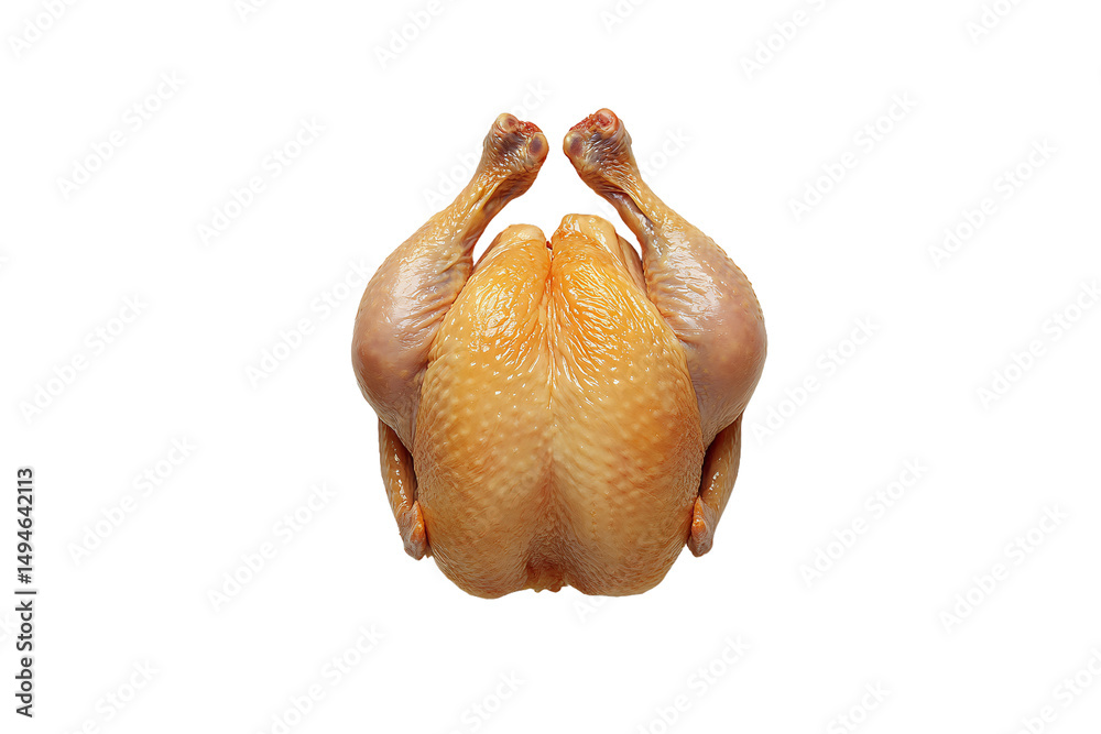 Raw whole chicken with skin intact, legs positioned upward, uncooked poultry preparation, isolated on a transparent background