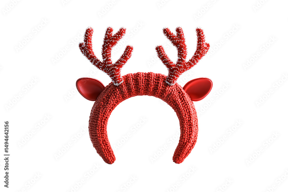 Red knitted reindeer headband with sparkly red antlers and glossy ears, isolated on a transparent background