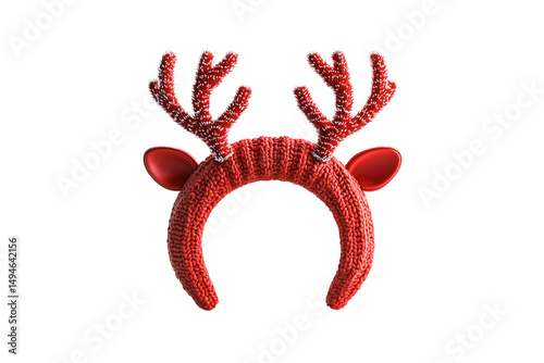 Obraz na płótnie Red knitted reindeer headband with sparkly red antlers and glossy ears, isolated on a transparent background w salonie
