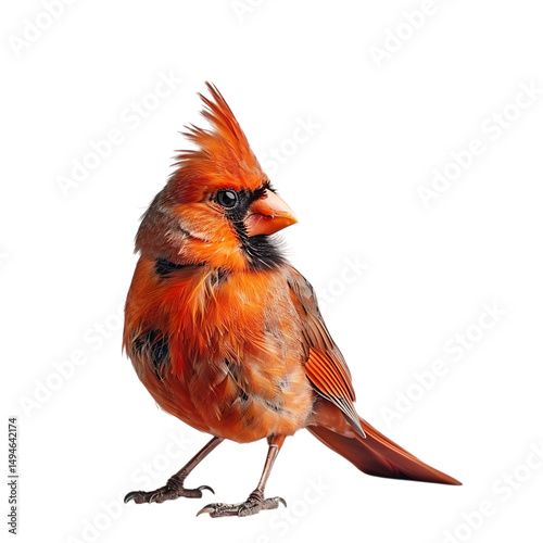 Red cardinal bird isolated on white background with colorful feathers and beak sitting on branch photo