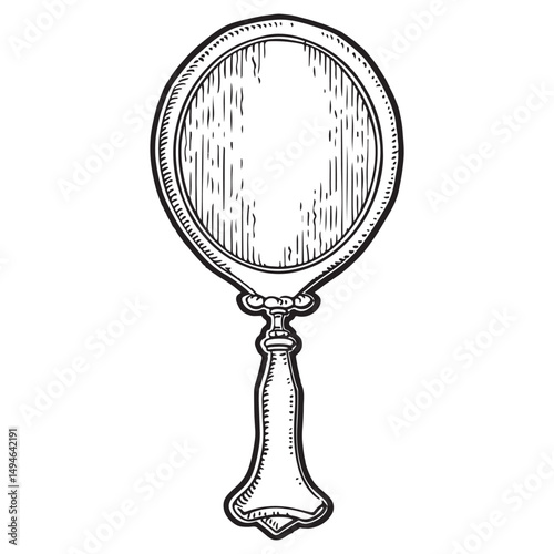 Vintage hand mirror vector sticker, black and white vector illustration