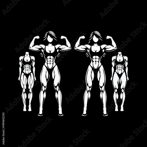 Stylish cartoon vector illustration of female bodybuilder showing strong muscles fitness athlete competition posing gym workout physique sculpted abs empowerment motivation sporty elegance