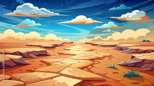 A desolate desert lies cracked and silent under the shifting shadows of a partly cloudy sky